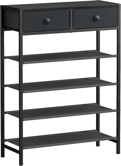 Shoe Rack, 5 Tier Shoe Organizer with 2 Drawers, Metal Shoe Storage for 16-20 Pairs of Shoes with Fabric Shelves and Wooden Top, Narrow Shoe Shelf for Closet Entryway Black Grey