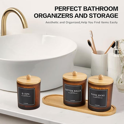 3 Pack Qtip Holder Bathroom Set with Tray,13.5oz Cotton Round Ball Pad Holder Cotton Swab Floss Pick Dispenser,Glass Apothecary Jars Canisters with Lids,Bathroom Organizers and Storage Container-Amber