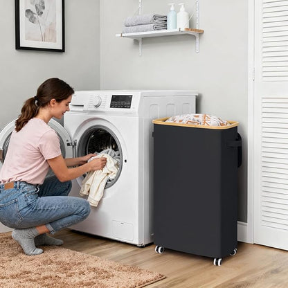 Goodpick Slim Laundry Basket with Wheels and Lid, 75L Rolling Laundry Hamper for Dorm Home Decor, Large Clothes Hamper with Bamboo Frame Removable Bag, Black, 17" x 9.8" x 29.5"