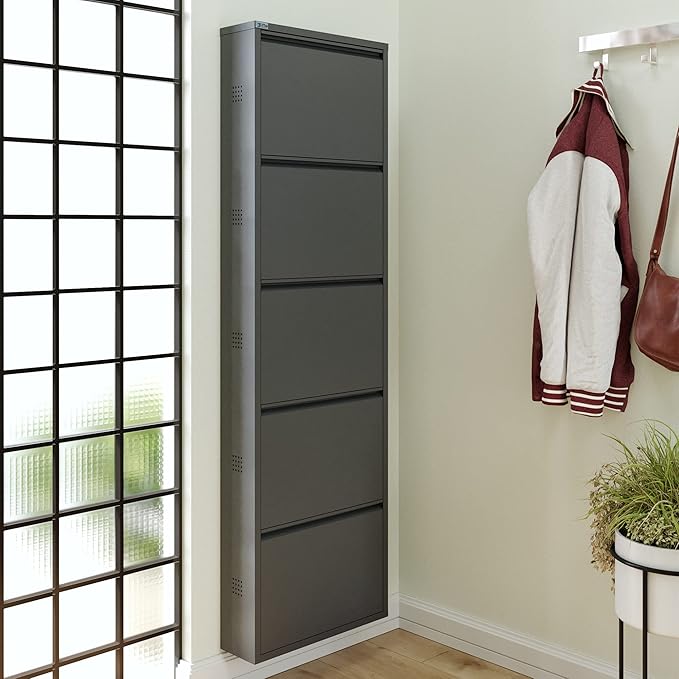 CEHA 5 Tier Metal Shoe Cabinet with Cover, Durable Shoe Storage Organizer for Entryway, Space Saving Shoe Shelf Closet with Side Ventilation Holes, 5.91" x 66.5" x 19.68", Anthracite
