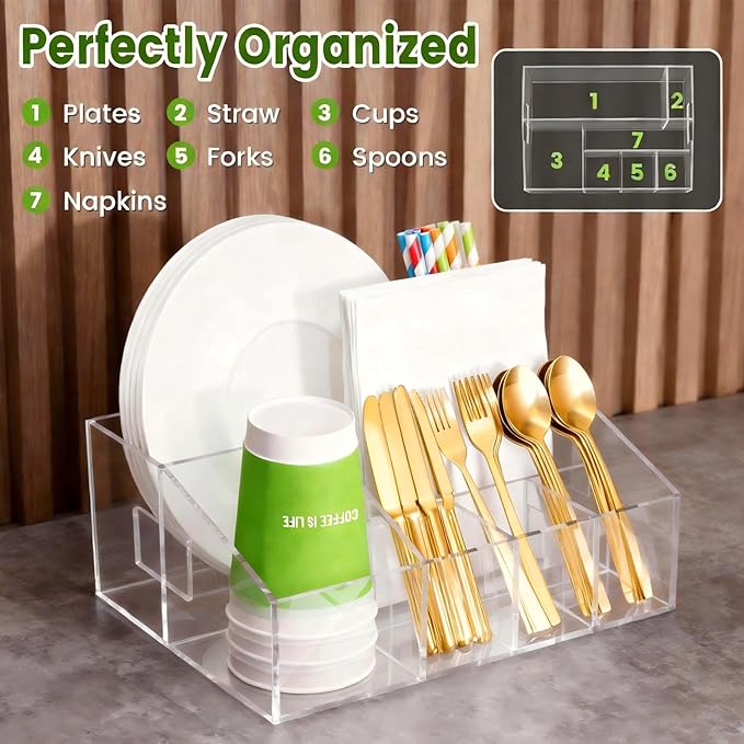 Acrylic Paper Plate Holder Organizer, Clear Utensil Caddy & Dispenser with Non-Slip Pads&7 Divided Grids for Kitchen, Party, Outdoor - Space-Saving Storage