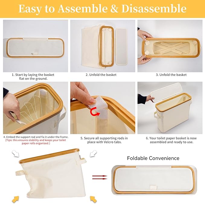 Toilet Paper Basket With Lid for Mega Rolls, Large Bamboo Organizer Holder Stand for Bathroom, Enclosed Tissue Storage Bin Box Container, Free Standing, Beige