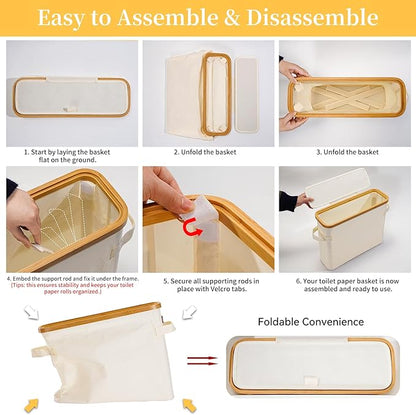 Toilet Paper Storage Basket with Lid, Bamboo Toilet Paper Storage Holder Stand Organizer for Bathroom, Toilet Paper Storage Box Container with Handle Bin for RV Closet, Beige