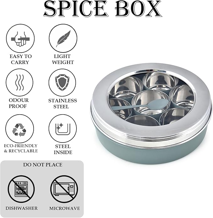 Elan Special Combo of Spice Box and Roti Papad Box | Multipurpose Containers for Kitchen | See Through 7 Compartment Spice Box with Spoon and Kitchen Storage Box (Stainless Steel, Pack of 2)