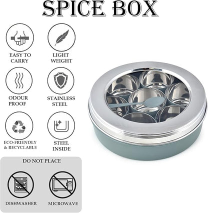 Elan Special Combo of Spice Box and Roti Papad Box | Multipurpose Containers for Kitchen | See Through 7 Compartment Spice Box with Spoon and Kitchen Storage Box (Stainless Steel, Pack of 2)
