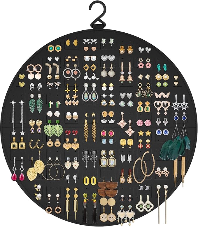 Earring Organizer, Hanging Earring Holder Holds Up to 128 Pairs, Stud Earring Organizer Storage, Round Earring Display Earring Holder Organizer for Women Girls-Black A