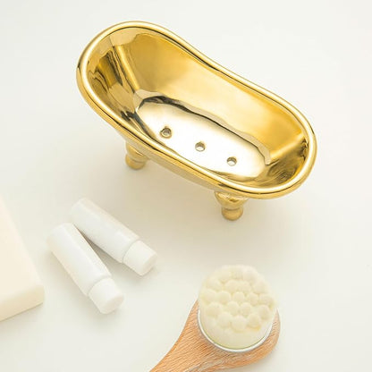 5.6" Ceramic Mini Bathtub Soap Dish Decortative Clawfoot Bathroom Soap Dish (Golden)