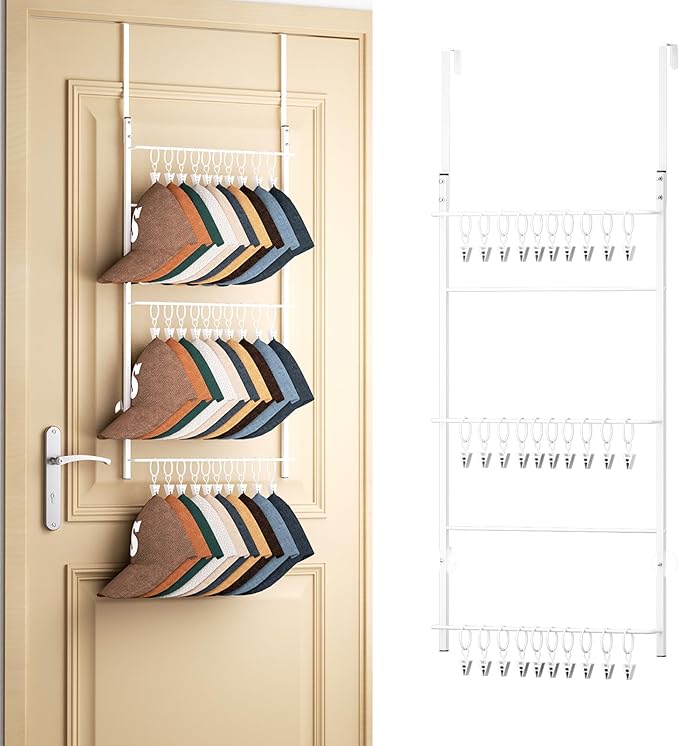 HapiRm Over Door Hat Rack - 3 Tier Wall Mounted Hat Organizer with 30 Movable Clips, Baseball Cap Organizer Storage Holds up to 30 Caps for Door, Bedroom, Closet