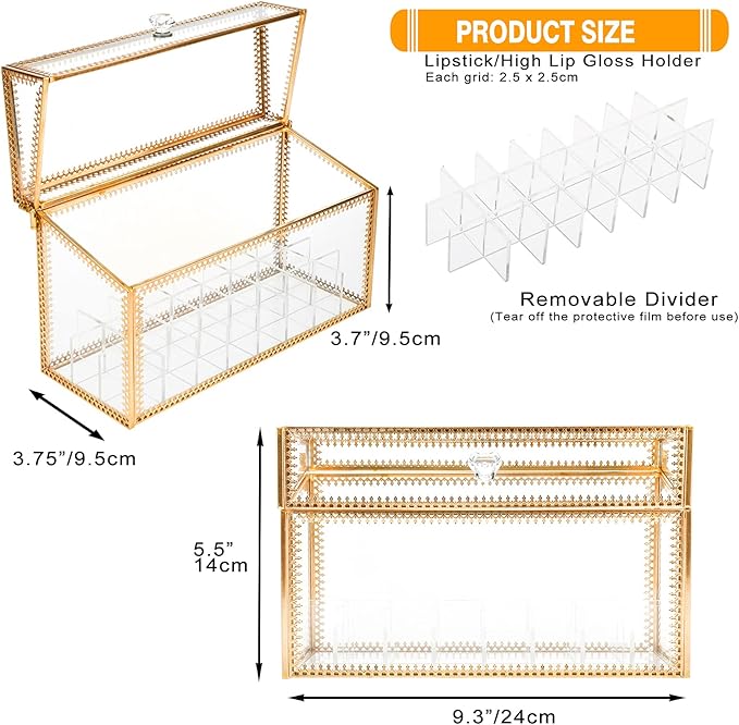 HighFree 24 Slots Glass Lipstick Organizer - Gold Vintage Transparent Display Box With Lid & Removable Dividers for Lip Gloss
