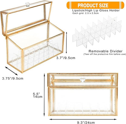 HighFree 24 Slots Glass Lipstick Organizer - Gold Vintage Transparent Display Box With Lid & Removable Dividers for Lip Gloss