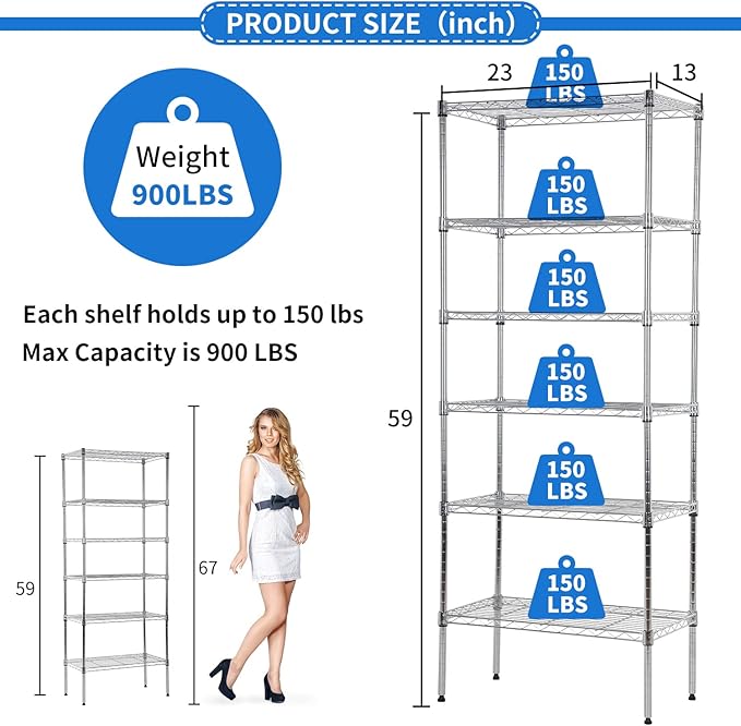 Metal Shelving Unit Detachable Storage Rack with 8 Leveling Feet Adjustable Storage Shelves Wire Shelves for Storage Kitchen Garage, 900LB Capacity, 59" H x 23" L x 13" D, Chrome