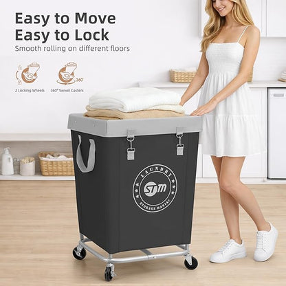 STORAGE MANIAC Commercial Laundry Hamper with Heavy Duty Steel Frame, 160 L Industrial Laundry Basket Cart with Wheels for Hotel, Home, Laundry Room, 17.72''L x 17.72''W x 30.91''H, Medium Black