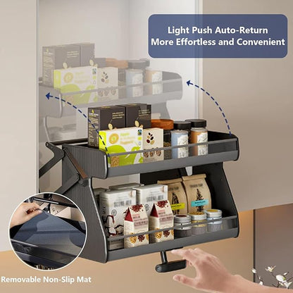 2 Tier Pull Down Shelf Pull Down Cabinet Organizer Features a Removable Washable Non-Slip Mat and Ample Storage Capacity Ideal for Kitchens and Bathrooms 450x250x440mm/17.7x9.8x17.3in