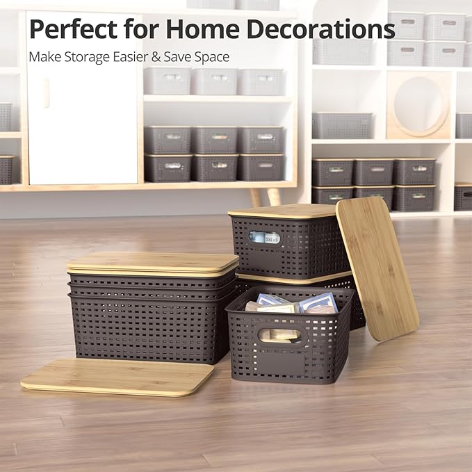 Plastic Storage Baskets with Bamboo Lids, Stackable Small Box Bins for Organizing and Containers for Shelves Drawers Desktop Closet Pantry Classroom Office Home, 6 Pack 10.2x7.2x4.1 Inch, Brown