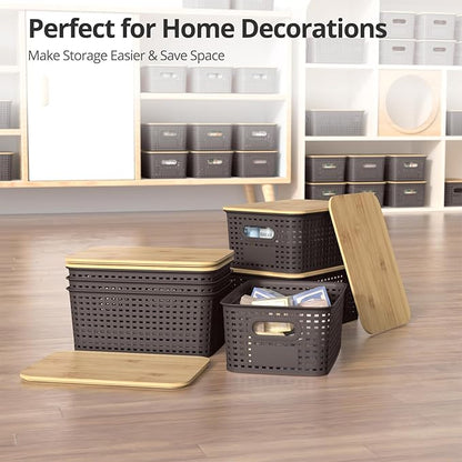 Plastic Storage Baskets with Bamboo Lids, Stackable Small Box Bins for Organizing and Containers for Shelves Drawers Desktop Closet Pantry Classroom Office Home, 6 Pack 10.2x7.2x4.1 Inch, Brown