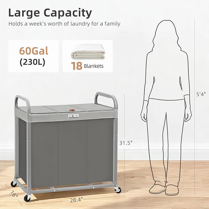 STORAGE MANIAC 3 Section Laundry Sorter, 60 Gal. Laundry Hamper Cart with Heavy Duty Rolling Lockable Wheels and Removable Bags, Clothes Organizer Basket Clothes Separator Hamper, Gray with Lid