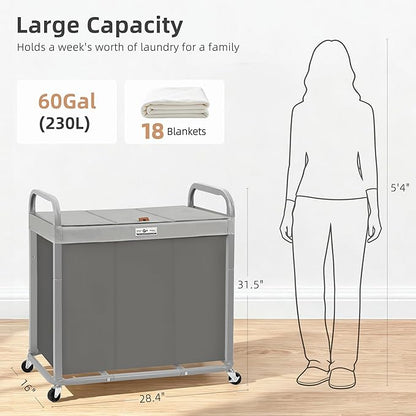 STORAGE MANIAC 3 Section Laundry Sorter, 60 Gal. Laundry Hamper Cart with Heavy Duty Rolling Lockable Wheels and Removable Bags, Clothes Organizer Basket Clothes Separator Hamper, Gray with Lid
