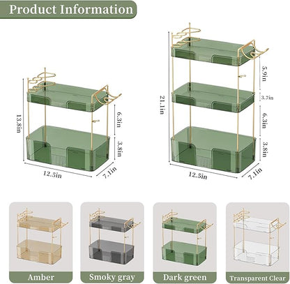 Akinbas 3 Tier Bathroom Organizer Countertop Makeup Perfume Tray Skincare Organizer Comes with Hair Dryer Rack and Toothbrush Holder for Bathroom Dresser Vanity (Green)