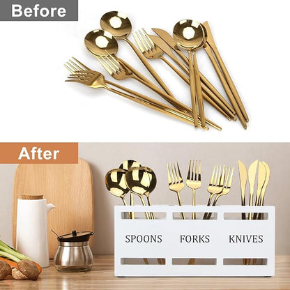 Wooden Silverware Cutlery Holder White Flatware Caddy Small Kitchen Utensil Holders for Party Wood Silverware Organizer Storage for Table Countertop Spoon and Fork Holder Utensils Caddy Basket