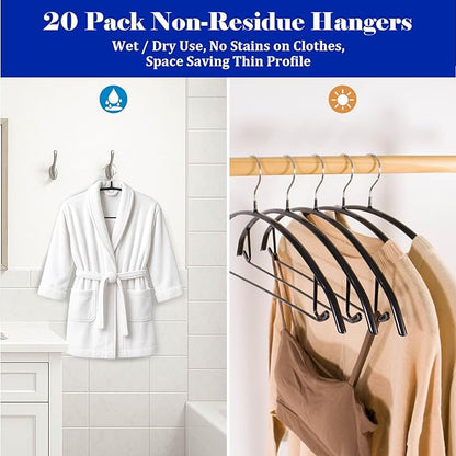 20 Pack Non Slip PVC Coating Metal Clothes Hangers No Shoulder Bump,Built-in Shoulder Hook and Bottom Rod,Suitable for Sweaters,Suits,Shirts,Skirt,Jackets (Black, 20 Pack)