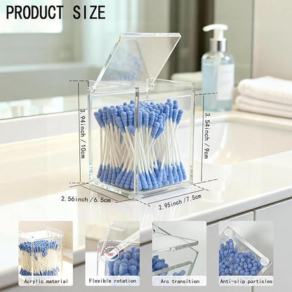 Clear Acrylic Qtip Holder with Lid, Cotton Balls Swab Organizer, 2.95" x 2.56" x 3.94" Dispenser for Makeup Pad, Floss Picks, Bath Salts, Cosmetic Storage Case, Home Bathroom Decor (DP058)