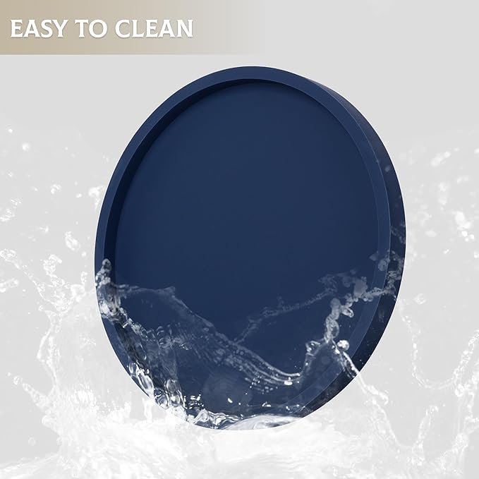 Silicone Bathroom Tray Round Vanity Tray Decorative Soap Holder Kitchen Countertop Organizer Coffee Table Decor for Candle, Perfume, Plant, 9 Inch, Dark Blue