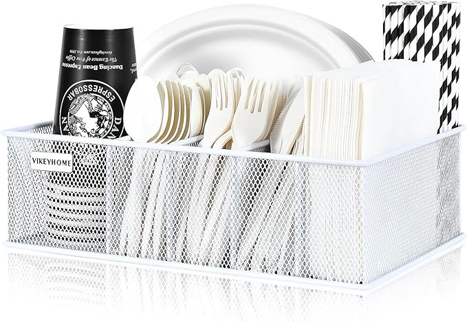 VIKEYHOME Paper Plate Organizer, Metal Silverware Caddy with 6 Compartments for Knives, Spoons, Cups, Forks, Napkins, Utensil Holder for Party, Camping, Picnic, White
