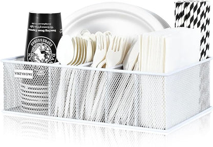 VIKEYHOME Paper Plate Organizer, Metal Silverware Caddy with 6 Compartments for Knives, Spoons, Cups, Forks, Napkins, Utensil Holder for Party, Camping, Picnic, White