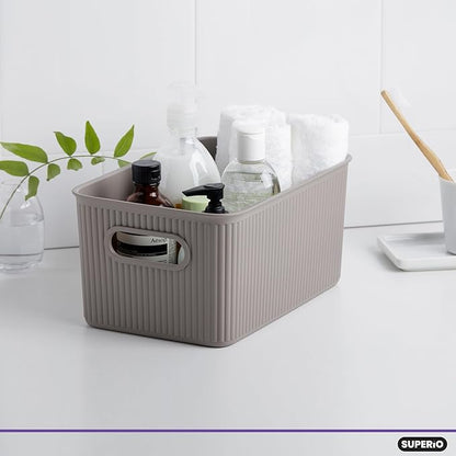 Decorative Plastic Basket Lidded Home Storage Bins Organizer Baskets, Medium Taupe (1 Pack - 5 Liter) Stackable Container Box, for Organizing Closet Storage Bins for Shelves - Ribbed Collection