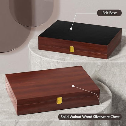 Solid Walnut Silverware Storage Box,Silverware Chest Case with Black Felt Lined,Wood Flatware Storage Box for 12 sets of Utensils,Silverware Chest without Silverware,Silverware Organizer with Lid