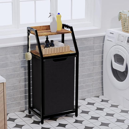 Timberer Laundry Hamper, Laundry Sorter, Rolling Laundry Basket with Wheels, 2 Shelves, 18 Gal(68L), Pull-Out and Removable Oxford Fabric Bags, for Laundry Room, Black and Rustic Brown