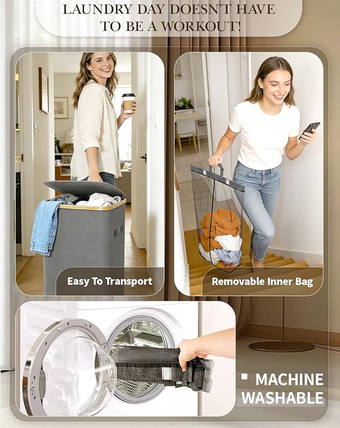 Laundry Hamper with Wheels, 110L Large Clothes Hamper with Removable Inner Bag, Collapsible Dirty Clothes Basket for Dorm, Rolling Dirty Clothes Basket for, Bedroom, Bathroom, Laundry Room
