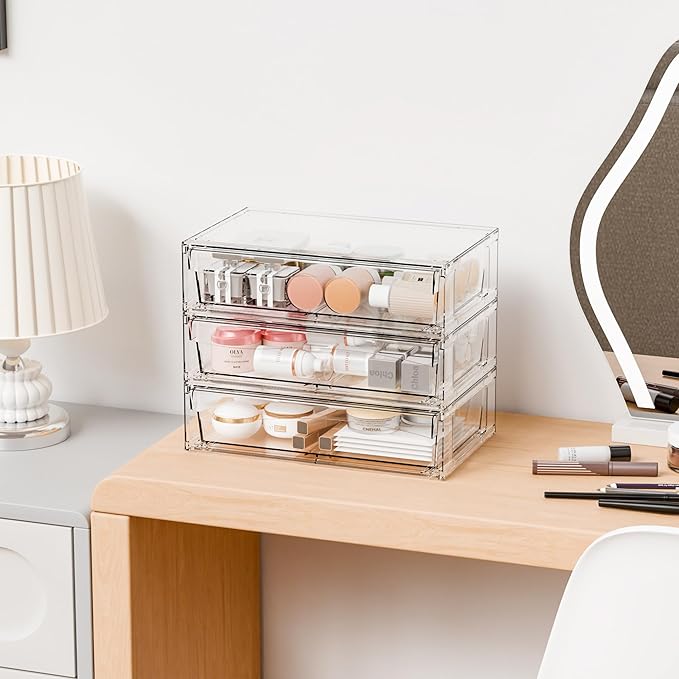 Yieach 12"W Clear Stackable Storage Drawers,3 Pack Pull Out Acrylic Drawers Organizer for Desk,Vanity,Bathroom,Plastic Office Supply Organizers And Storage Bins for Pen,Pencil,Craft,Sunglass,Medicine