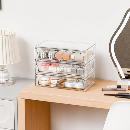 Yieach 12"W Clear Stackable Storage Drawers,2 Pack Pull Out Acrylic Drawers Organizer for Desk,Vanity,Bathroom,Plastic Office Supply Organizers And Storage Bins for Pen,Pencil,Craft,Sunglass,Medicine