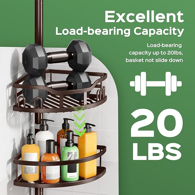 HAMITOR Shower Caddy Tension Pole: Rustproof Quick Install Corner Bathroom Organizer Shelf on Floor for Renters - 4-Tier Large Capacity Storage Rack with Soap Holder for Apartment -47-121 Inch/Bronze