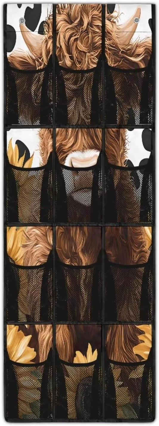 Highland Cattle Behind Door Organizer 12 Pockets Spotted Over The Door Organizer for School Sunflower Multi-Pocket Organizer Space Saving Multi-Funtion Storage Bag for Dorm