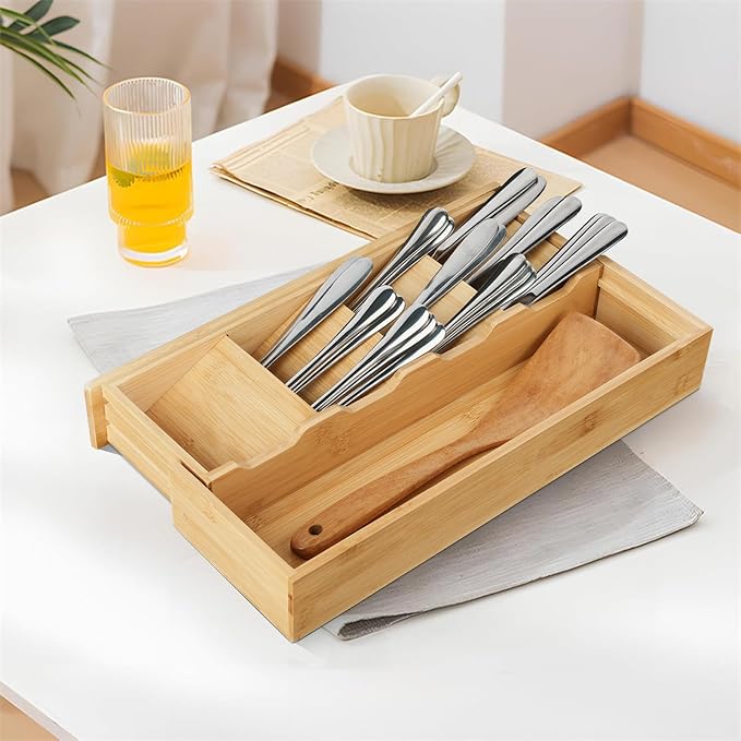 Bamboo Kitchen Drawer Organizer, Expandable Silverware Organizer, Utensil Holder, Cutlery Tray Spoon Flatware Storage with Drawer Dividers