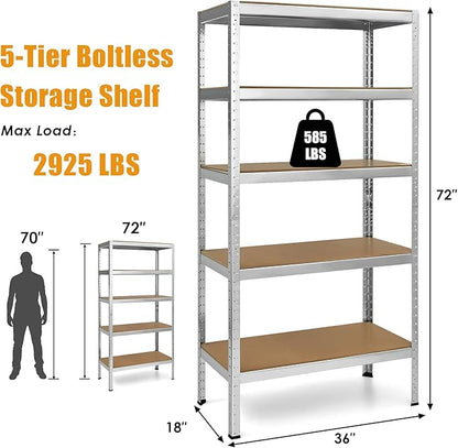 Tangkula 72" Storage Shelves, Heavy Duty Steel Frame 5-Tier Garage Shelf, Metal Multi-Use Storage Shelving Unit for Home/Office/Dormitory/Garage (1, Silver)