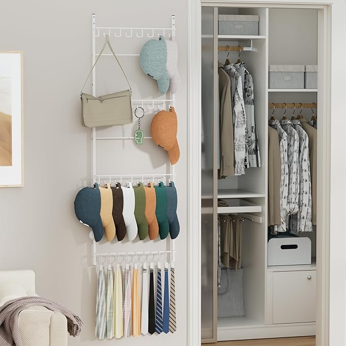 HapiRm Over Door Hat Organizer - 4 Tier Wall Mounted Hat Rack with 24 Hooks and 10 Movable Clips, Hanging Baseball Cap Organizer Storage Holds to 34 Caps for Door, Bedroom, Closet(White)