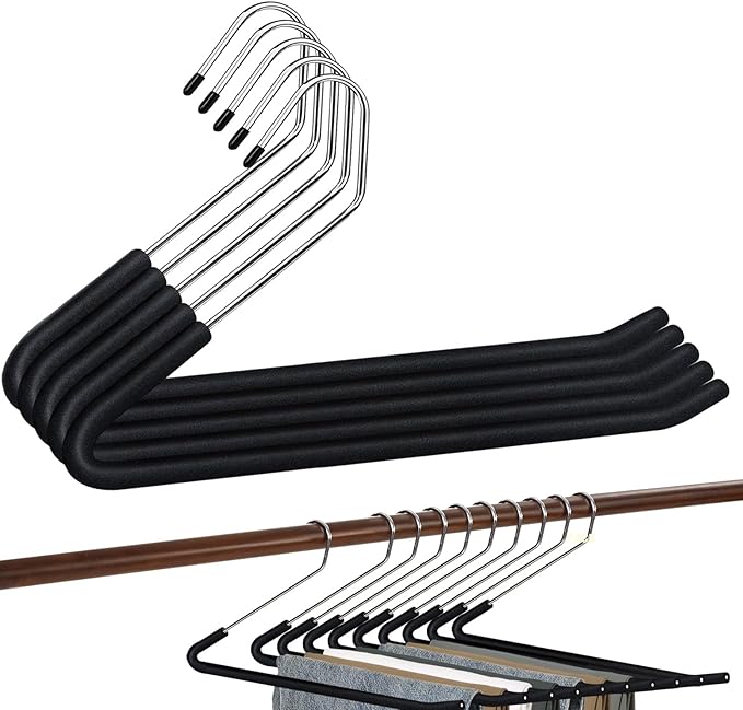 Spring Fever Open Ended Non Slip Sponge Padded Pants Hangers - Chrome Plating Foam Heavy Duty Space Saving Black Long 5