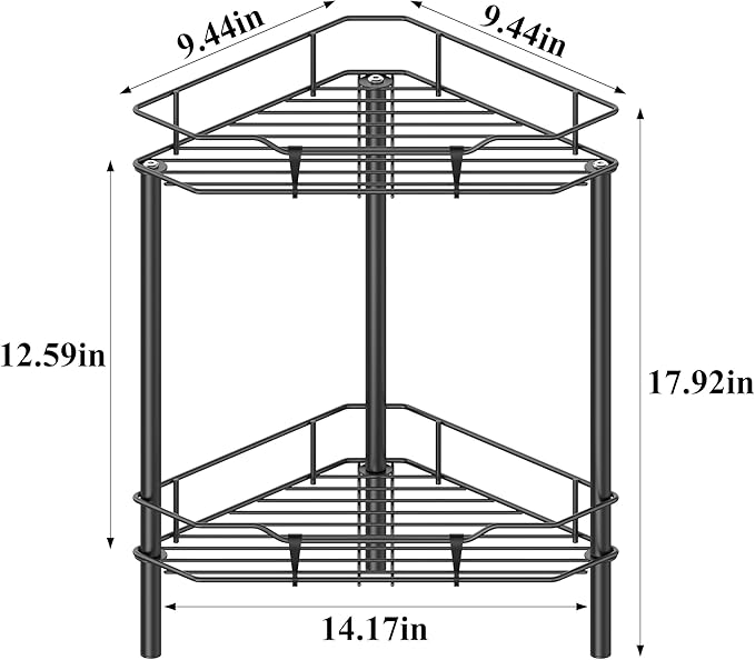 HuggieGems 2 Tier Floor Standing Corner Shower Caddy Organizer Shelf with Hooks, Bathroom Shelves Stand Rack, Matt Black