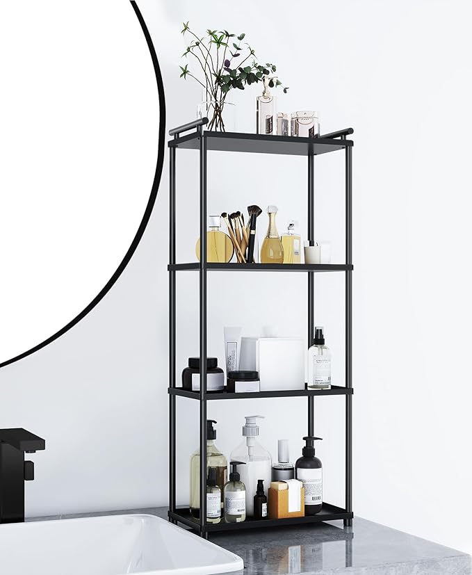 VOTZAAQ Matte Black 4 Tier Bathroom Organizer Countertop, Stainless Steel Perfume Tray and Vanity Countertop Shelf, Makeup Skin Care Bathroom Organizers and Storage for Dresser, Kitchen