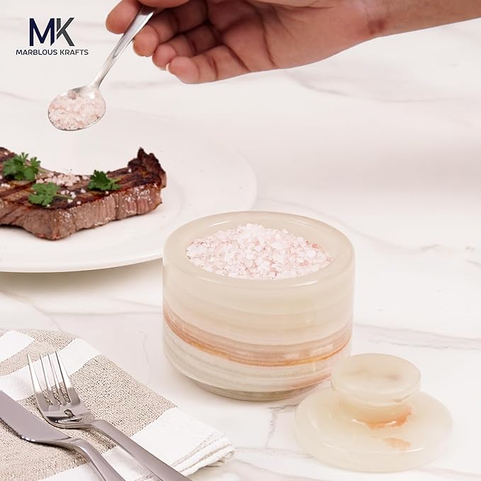 MARBLOUS KRAFTS Marble Salt Cellar 3" Inch White Onyx Salt Holder With Lid for Spice Jar & Stone Salt Container, Modern Sugar Bowl