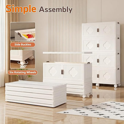 Stackable Storage Bins with Lid & Wheels, 136 Gal/544 Qt Clover Extra Large Plastic Storage Containers, Foldable Collapsible Organizer Box for Garage, Pantry, Closet (4-Pack, Cream White)