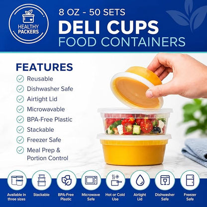 Healthy Packers Plastic Deli Containers with Lids (8oz 50 Sets) - Clear Plastic Containers with Airtight Lids - Great for Your Slime Kit, Food - BPA Free | Leakproof - Microwaveable & Freezer Safe