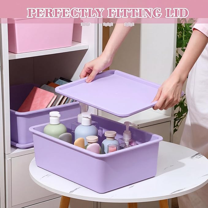 Menkxi 4 Pcs Storage Bins with Lids Plastic Stackable Containers for Organizing Shelves Christmas Ornament Box Baskets(Pink, Purple,Large)