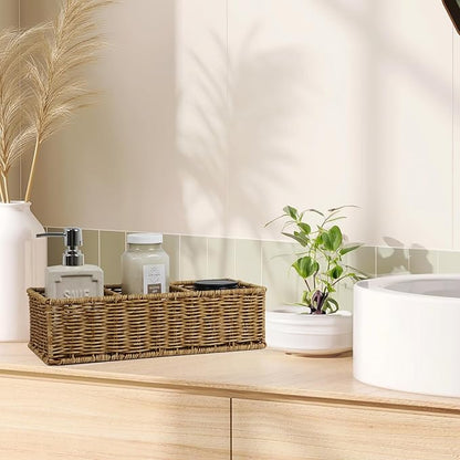 Waterproof Wicker Basket With 3 Compartments, Hand Woven Bathroom Counter Organizer, Small Storage Basket for Toilet Paper Storage, Countertop Shelf Toilet Tank (Light Brown)