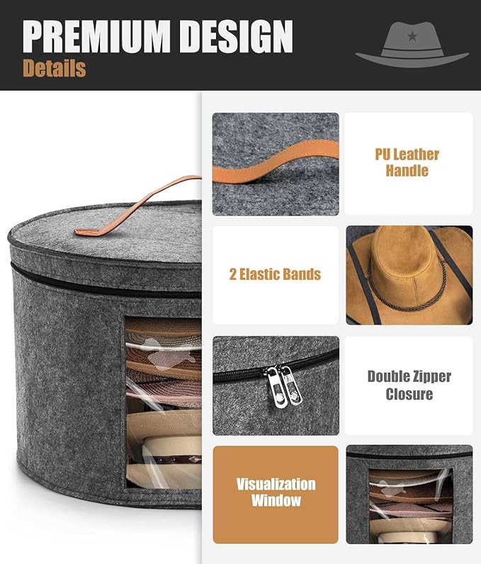 Hat Box, Travel Hat Storage Box, Foldable Space-saving Hats Boxes Organizer for Men & Women Storage, Stackable Hats Carrier Case for Round Brim, Cowboy, Panama, Tweed Caps - Grey