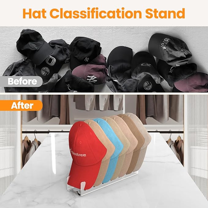 Nicetree Hat Organizer for Baseball Caps, 4 Pcs No Install Acrylic Hat Racks for 28 Baseball Caps Storage, Hat Stand for Caps Display and Organizer for Dresser, Bedroom, Closet, Office