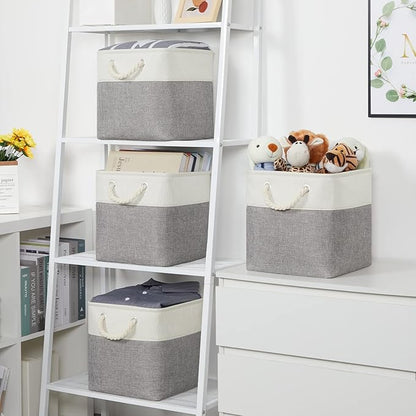 Temary Fabric Storage Baskets for Organizing, Grey Basket for Shelves, Collapsible Baskets with Handles for Shelves, Home, Closet (White&Gray)
